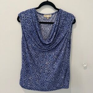 Michael Kors Blue and White Draped Sleeveless Blouse